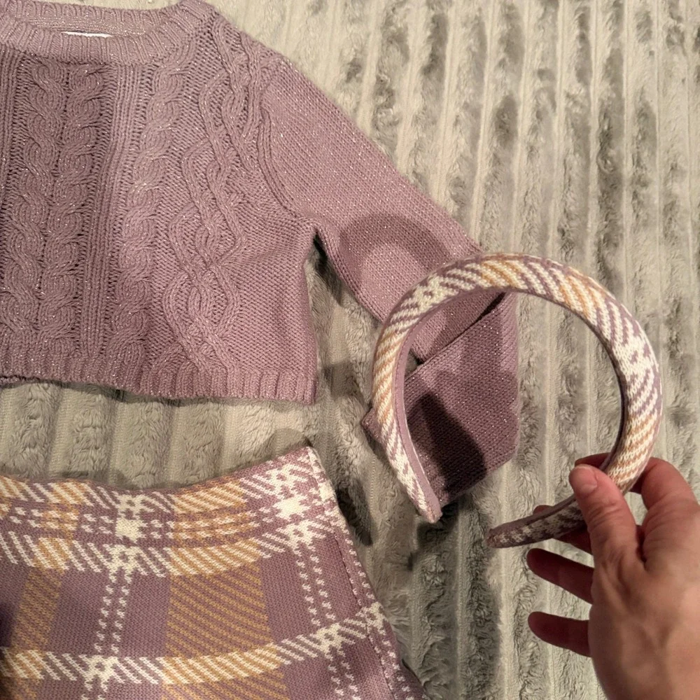 Cupcakes and Cashmere Girls 4T 3pc Set Cable Knit Sweater Plaid Skirt Headband